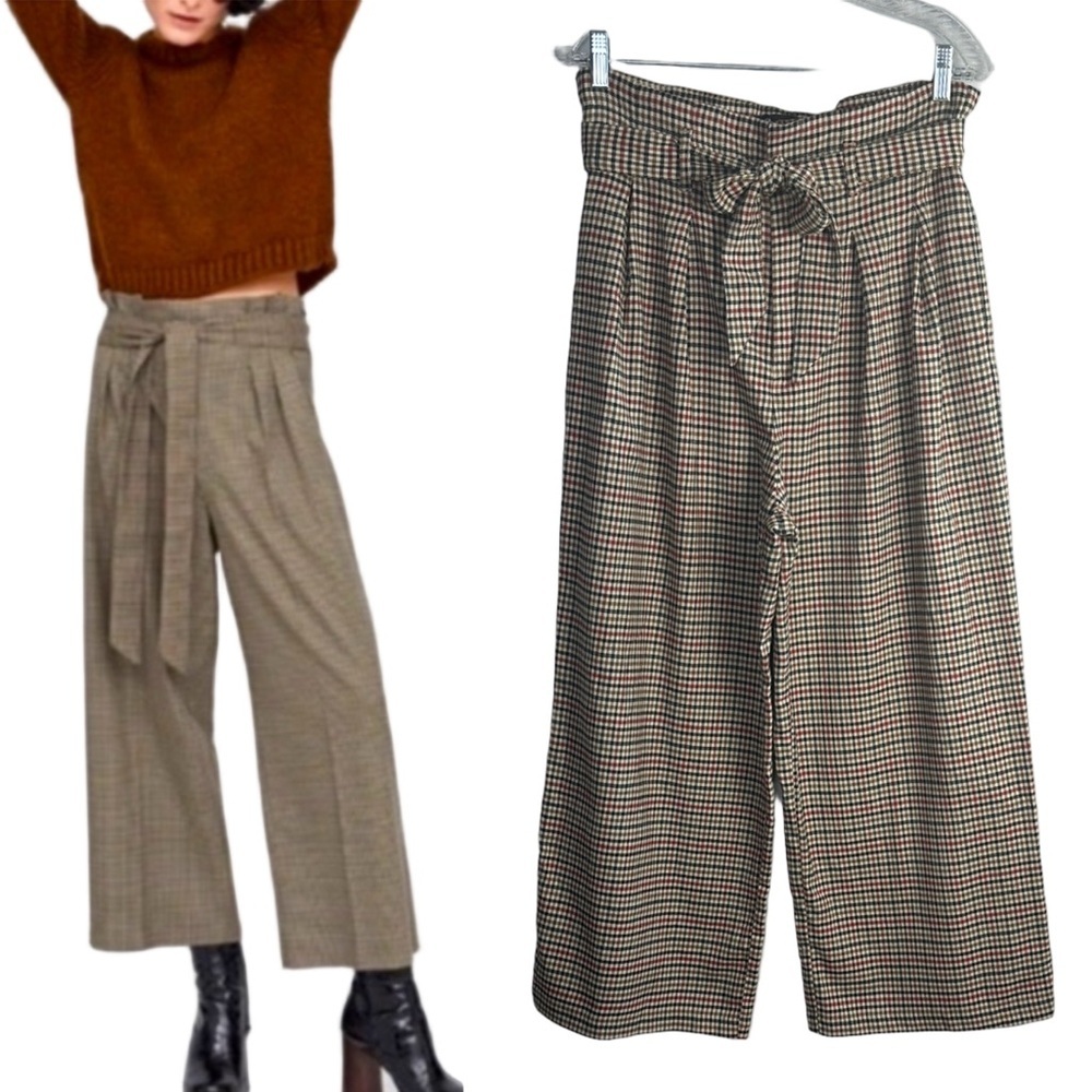 Zara High Waisted Wide Leg Paper Bag Trousers Elastic Waist Cropped Pants Large